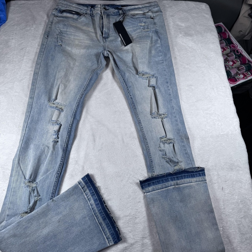 Rockstar Original‎ Jeans Mens 42 Light Wash Stacked Flare Distressed Skelman
